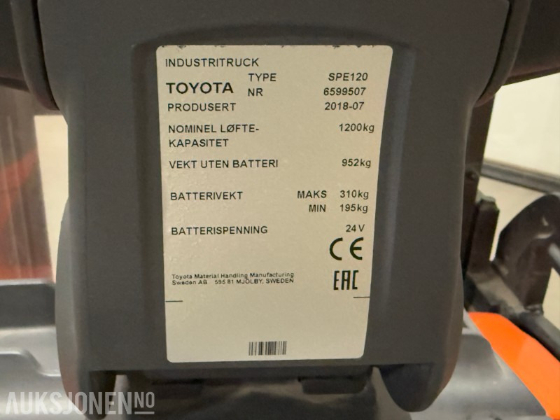 2018 Toyota - Pallestabler - SPE 120 1200 KG Pallestabler - Materialhanteringsutrustning: bild 5 2018 Toyota - Pallestabler - SPE 120 1200 KG Pallestabler - Materialhanteringsutrustning: bild 5