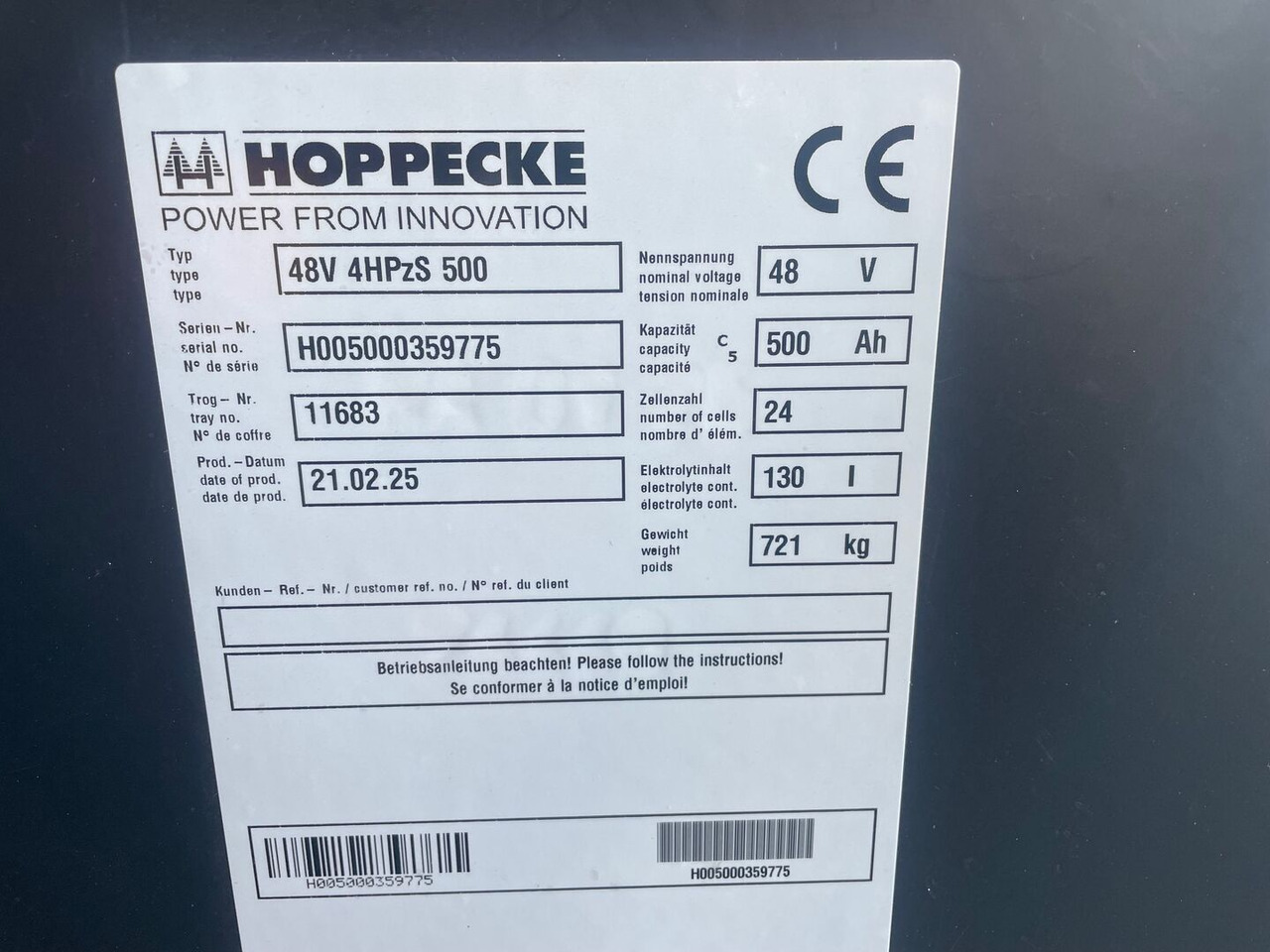Hoppecke 48V 4 HPzS 500 - Batteri för Materialhanteringsutrustning: bild 2 Hoppecke 48V 4 HPzS 500 - Batteri för Materialhanteringsutrustning: bild 2